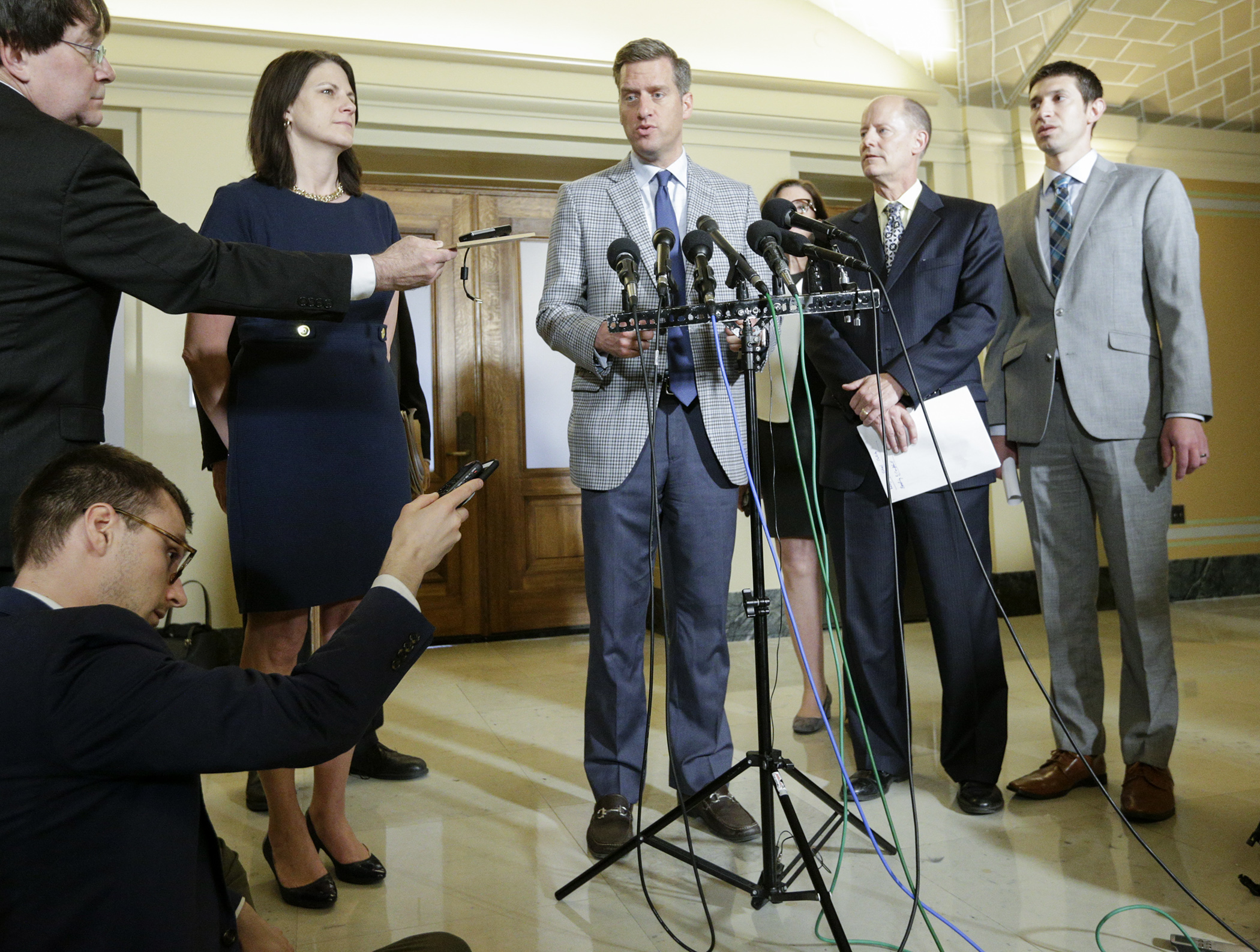 House Speaker Kurt Daudt talks with the media after meeting with Gov. Mark Dayton Friday afternoon saying that school safety funding remains the top priority for the session. Photo by Paul Battaglia