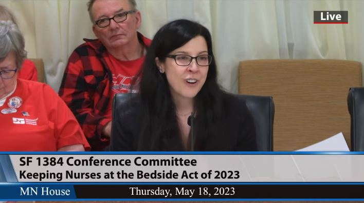 Kate Johansen, the Mayo Clinic's vice chair of external engagement, testifies before the Conference Committee on SF1384 during a May 18 hearing. (Screenshot)