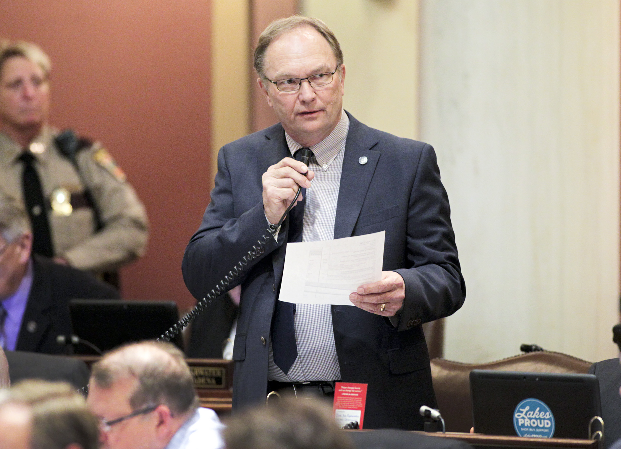 Rep. Paul Torkelson explains provisions of the House capital investment bill during floor session May 19. The bill failed 69-64. Photo by Paul Battaglia