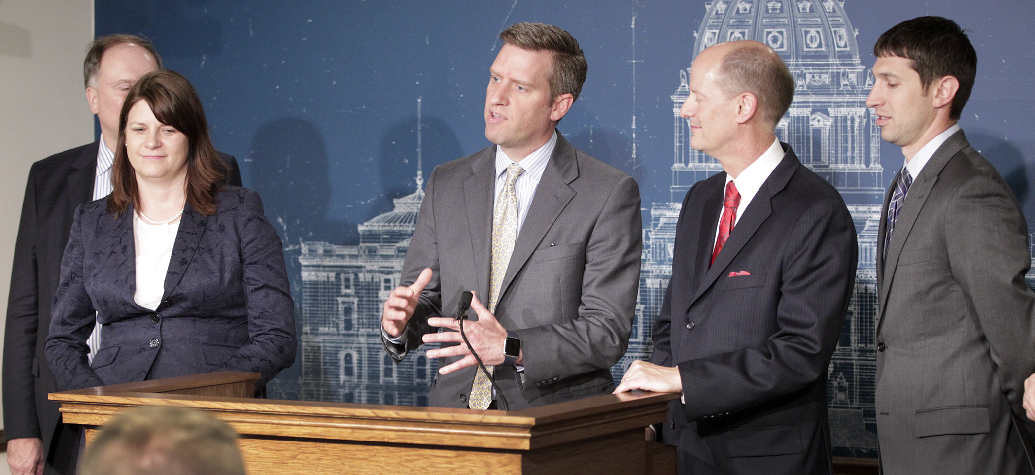 Flanked by other Republican leaders, House Speaker Kurt Daudt speaks to the media about a new series of budget bills that will be considered before the constitutional end of session Monday. Photo by Paul Battaglia