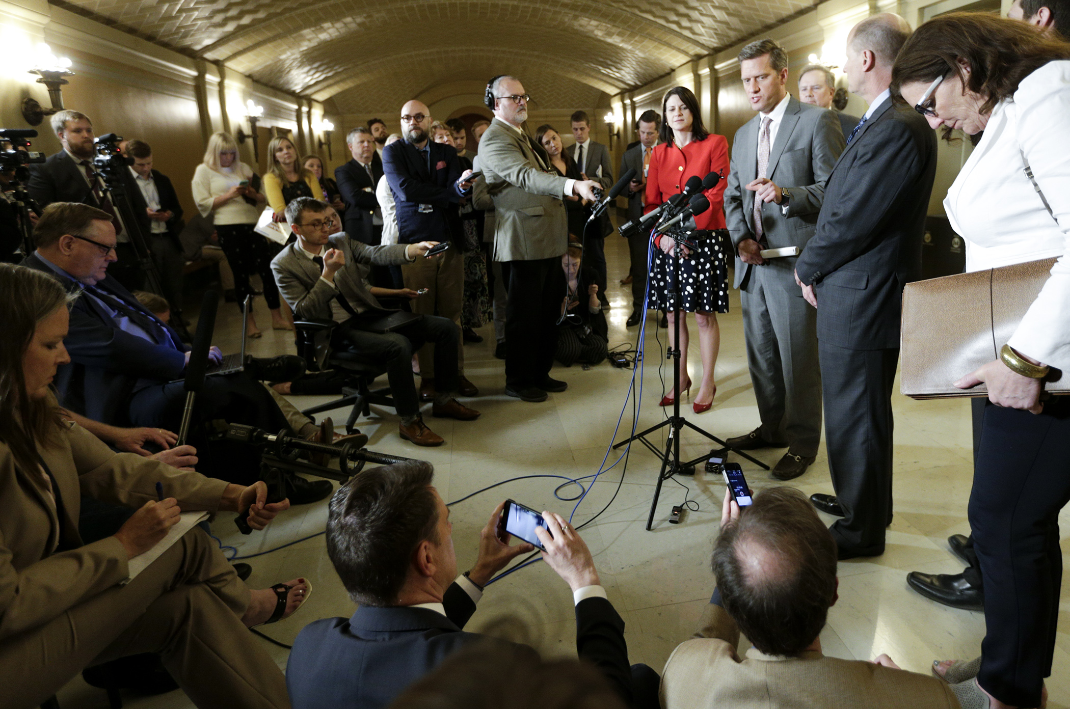 House Speaker Kurt Daudt talks with the media Saturday evening about negotiations with the governor. The House and Senate are expected to take up the conference committee report on the supplemental funding bill late Saturday night. Photo by Paul Battaglia