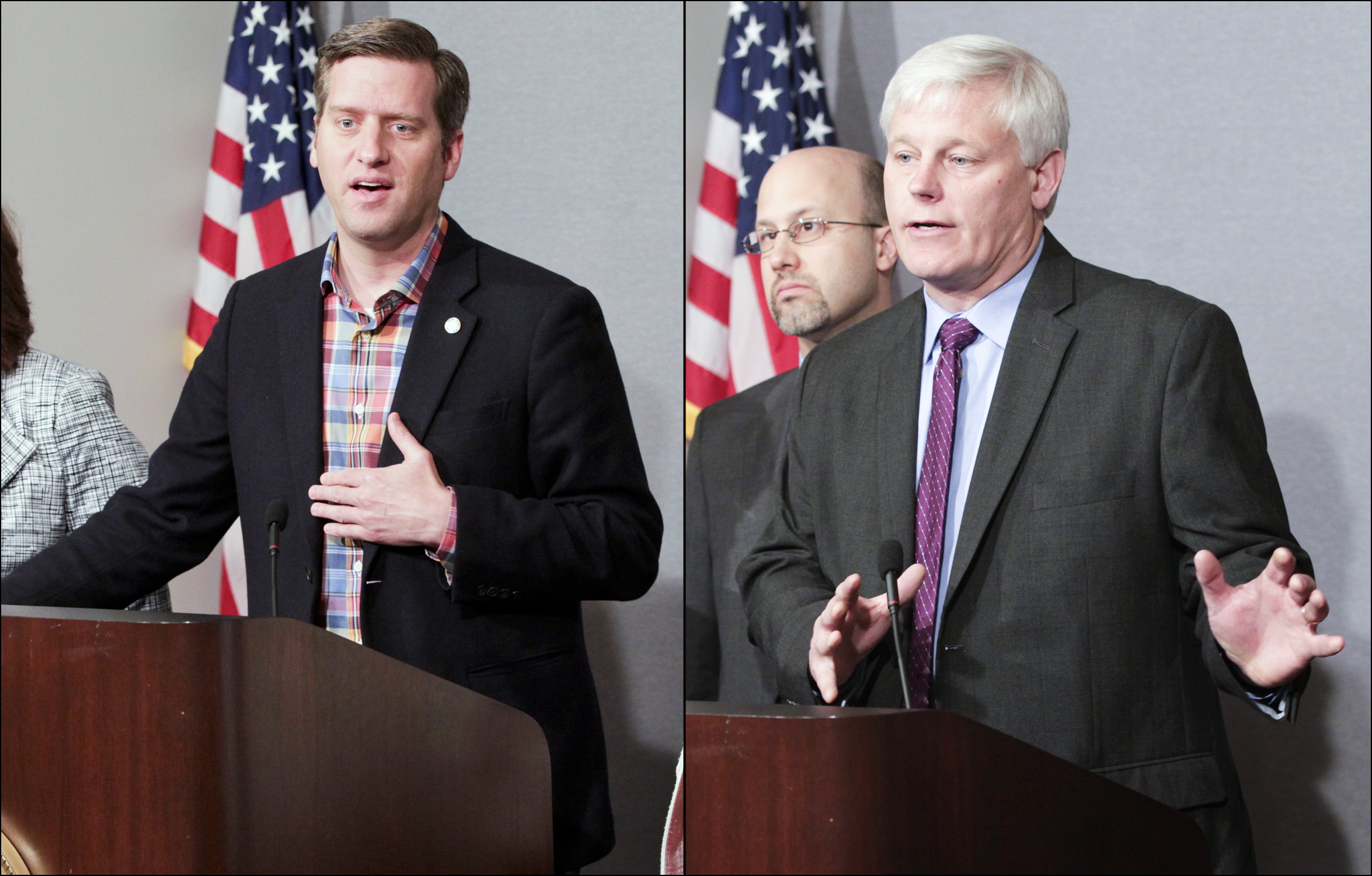 House Speaker Kurt Daudt, left, House Minority Leader Paul Thissen and members of the House Republican and DFL caucuses met with the media Wednesday to share their views of the 2015 session. Photo composite by Paul Battaglia