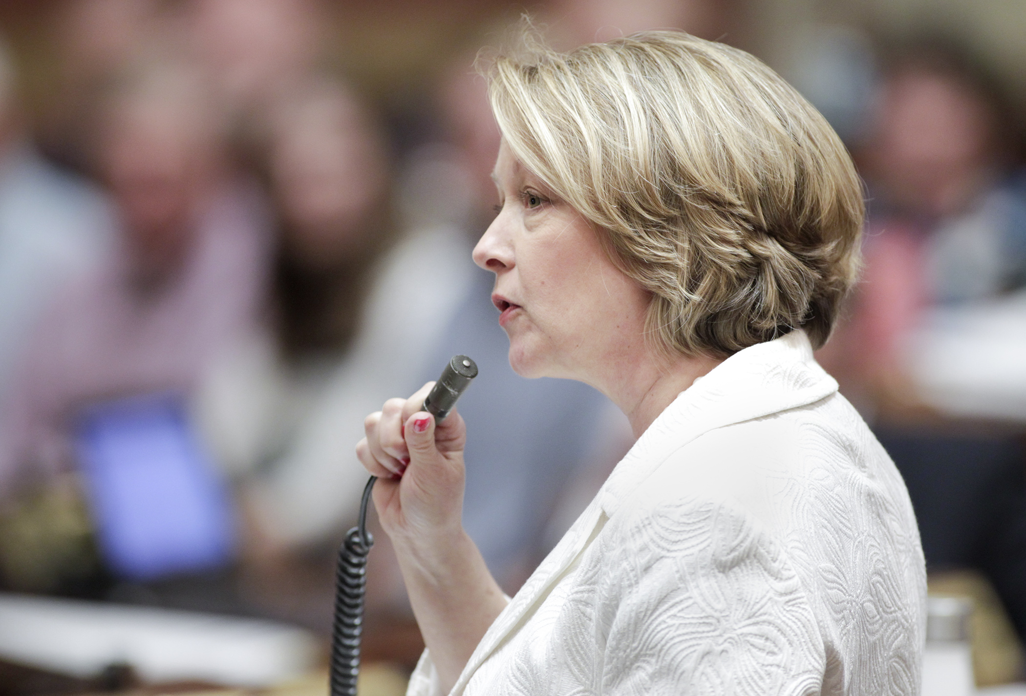 Rep. Jenifer Loon makes closing comments on passage of the conference committee report on HF947, which includes general education provisions with tax reform policy. Photo by Paul Battaglia