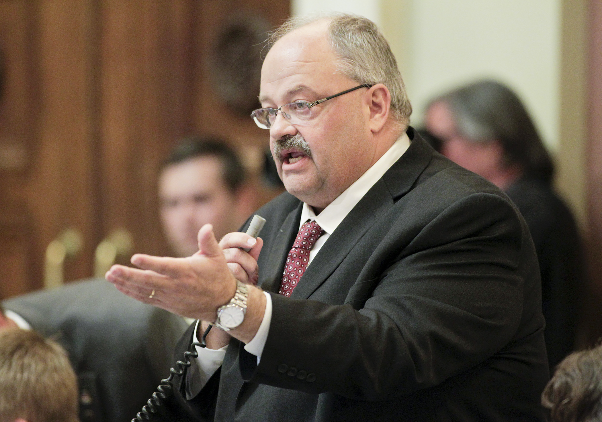 Rep. Greg Davids makes closing comments on the tax conference committee report May 22. The report was passed 123-10 by the House. Photo by Paul Battaglia