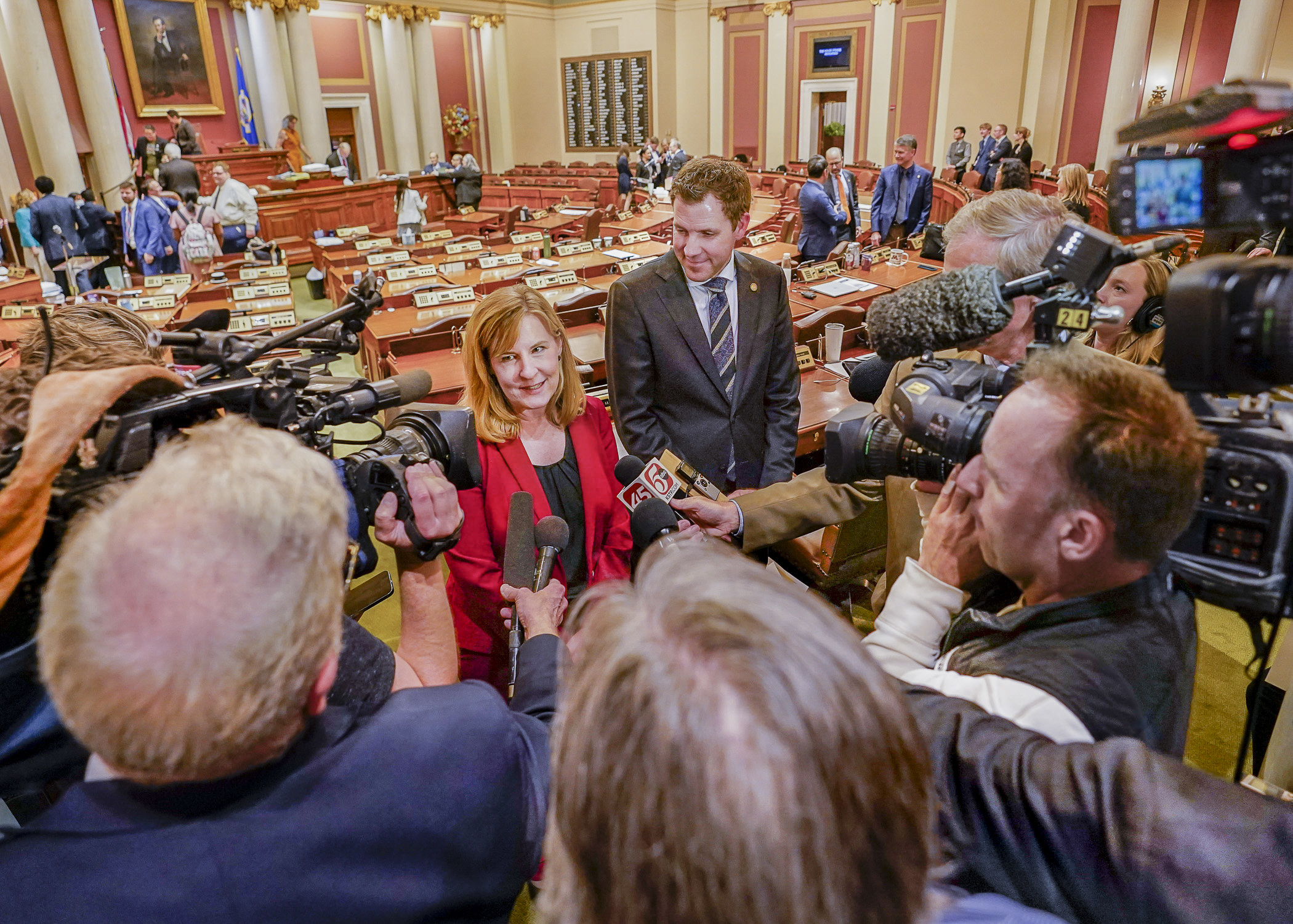 House Speaker Melissa Hortman and House Majority Leader Jamie Long meet with the media following adjournment of the 2023 legislative session May 22. (Photo by Catherine Davis)