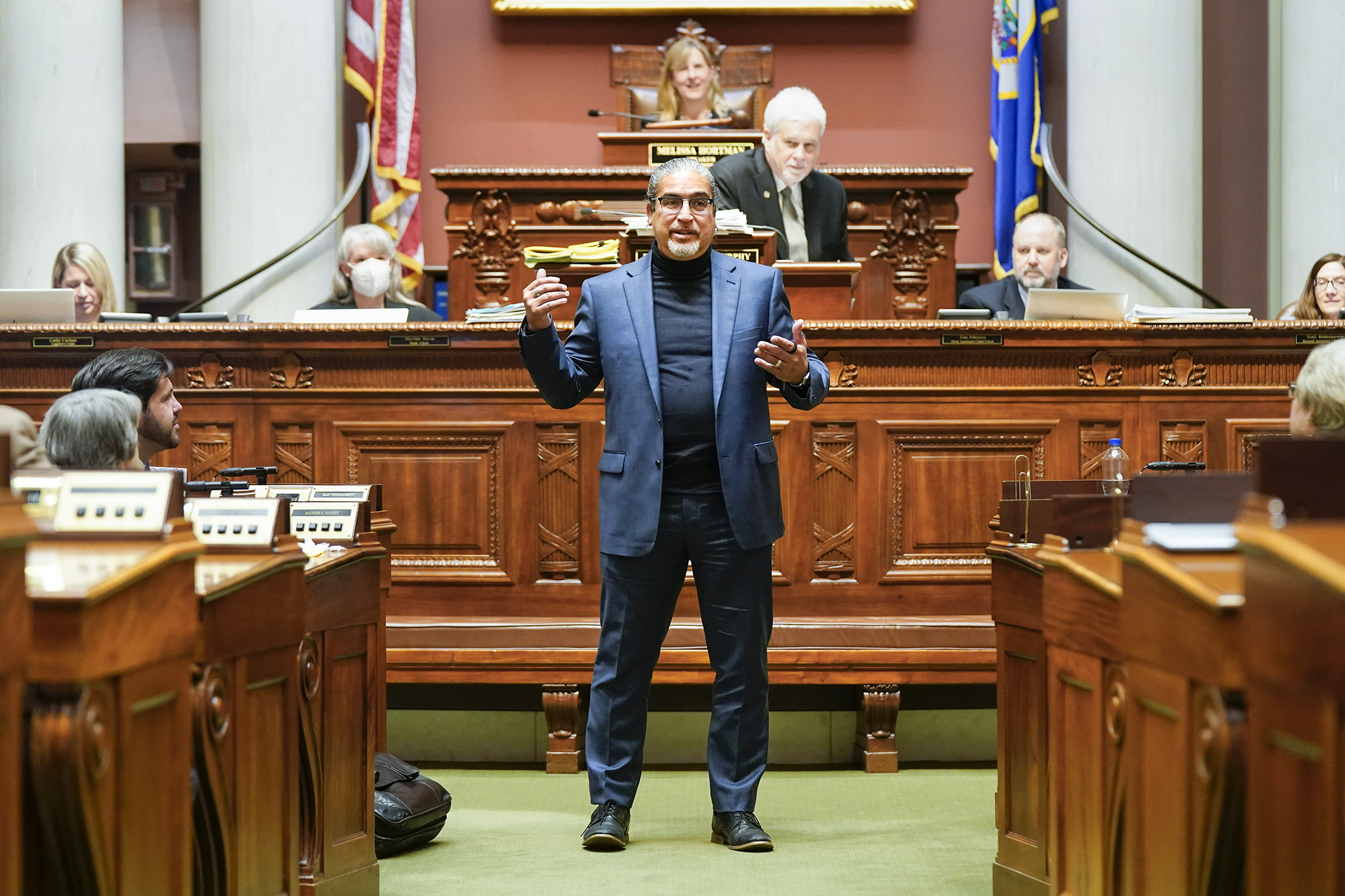Rep. Carlos Mariani delivers part of his May 23 retirement speech from the “Well of the House,” reviving the tradition of speaking at the front of the Chamber before there were microphones and amplification. (Photo by Paul Battaglia)