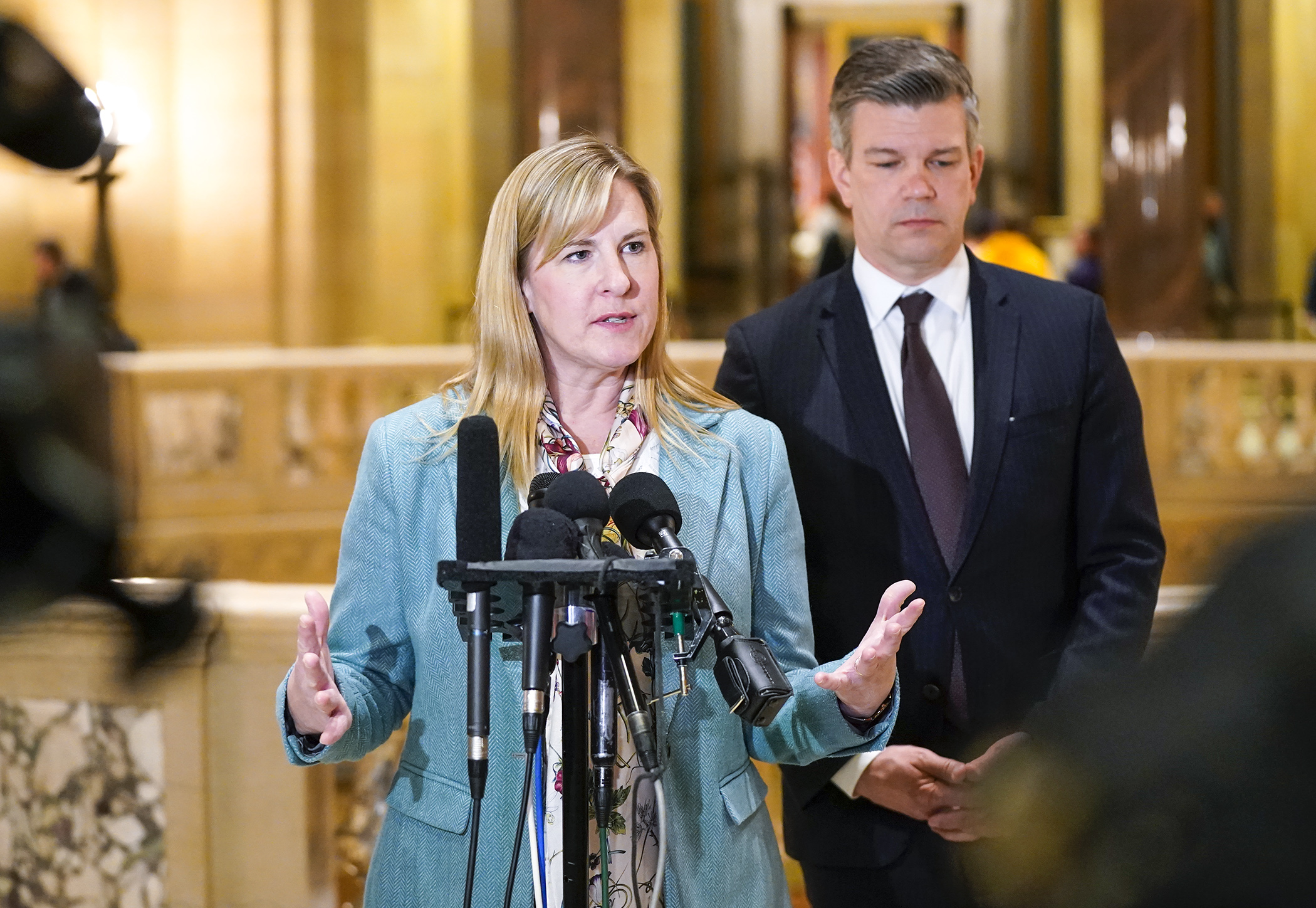 House Speaker Melissa Hortman and House Majority Leader Ryan Winkler speak with the media shortly after midnight May 23 after the House and Senate adjourned without passing most major supplemental spending bills. (Photo by Paul Battaglia)