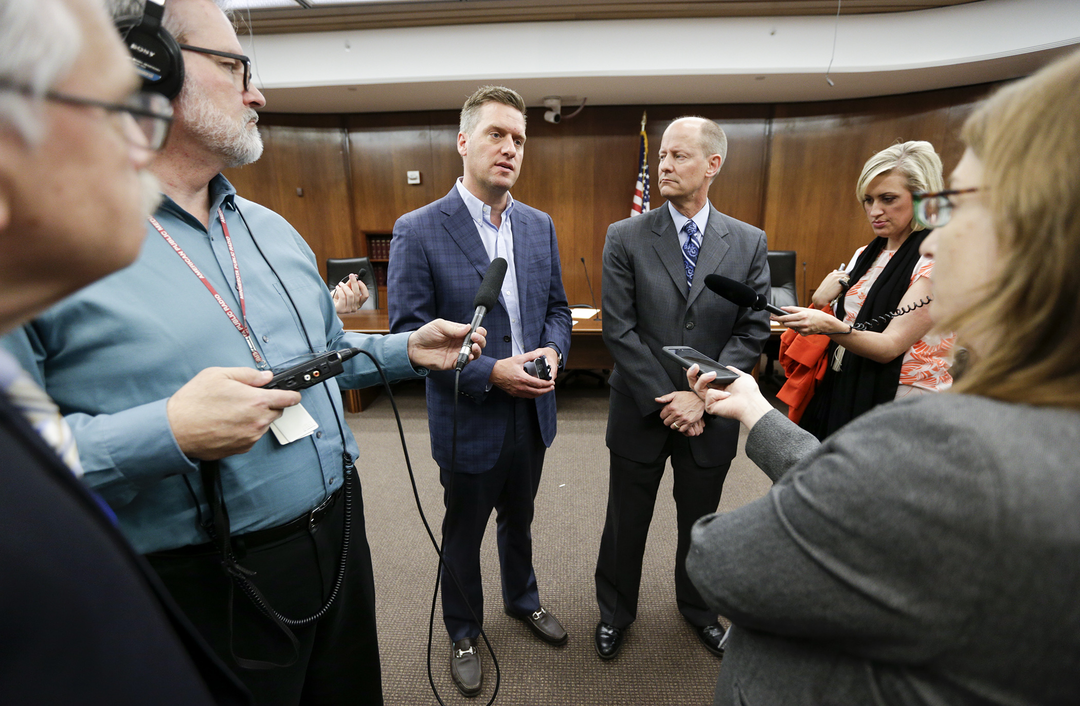 House Speaker Kurt Daudt and Senate Majority Leader Paul Gazelka speak with the media after a June 2 meeting of the Legislative Coordinating Commission, which voted 7-2 to retain outside counsel in litigation arising from the governor’s line-item vetoes of funding for the House and Senate. Photo by Paul Battaglia