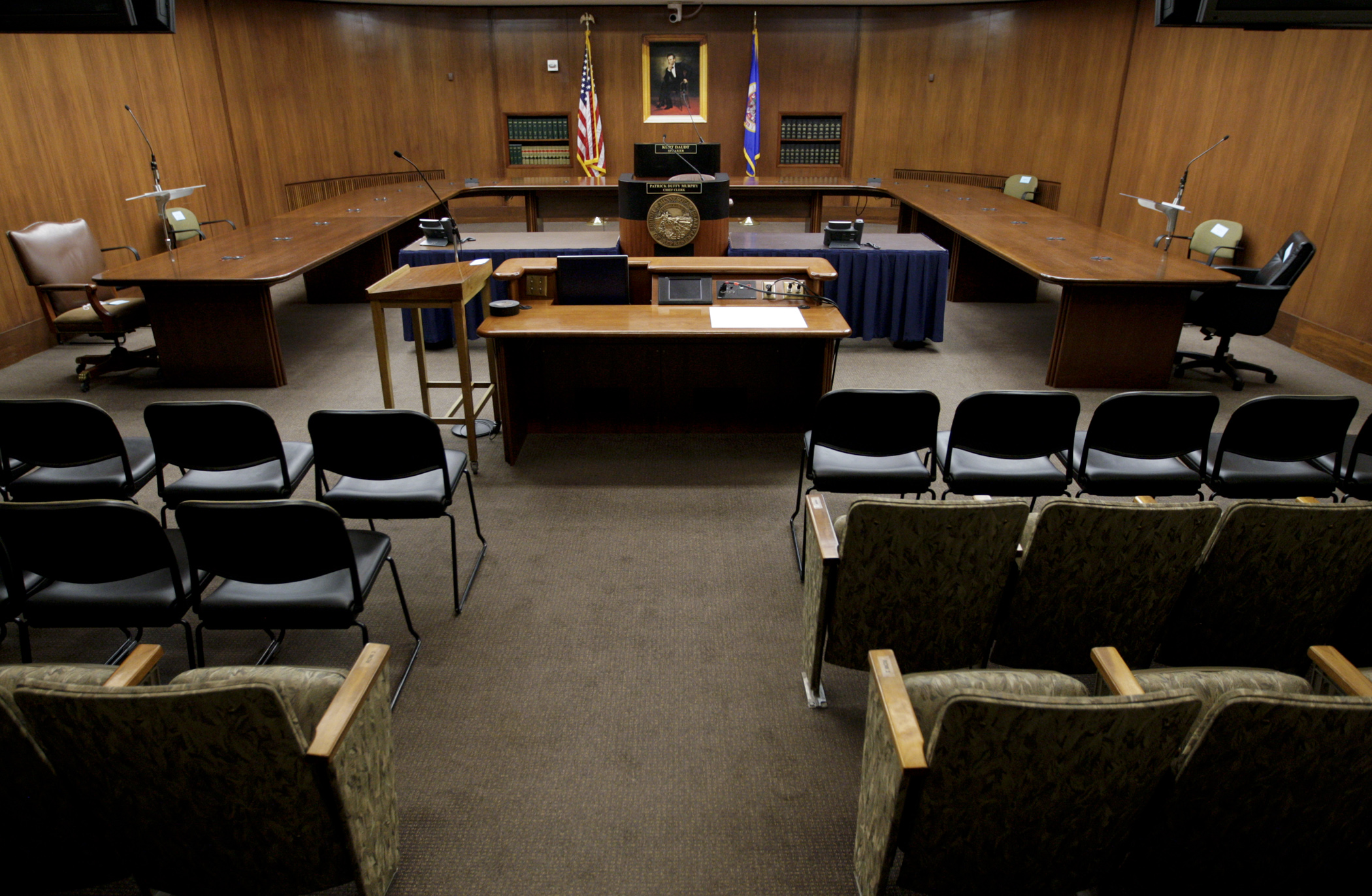 A retrofitted Room 10 of the State Office Building is set to become the temporary House Chamber for the upcoming special session. Photo by Paul Battaglia