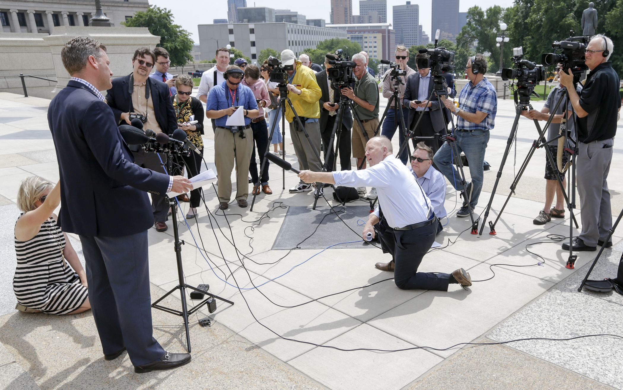 House Speaker Kurt Daudt speaks with the media Wednesday after a Ramsey County district court judge ruled in favor of the Legislature in their suit over Gov. Mark Dayton’s line-item veto of House and Senate funding. Photo by Paul Battaglia