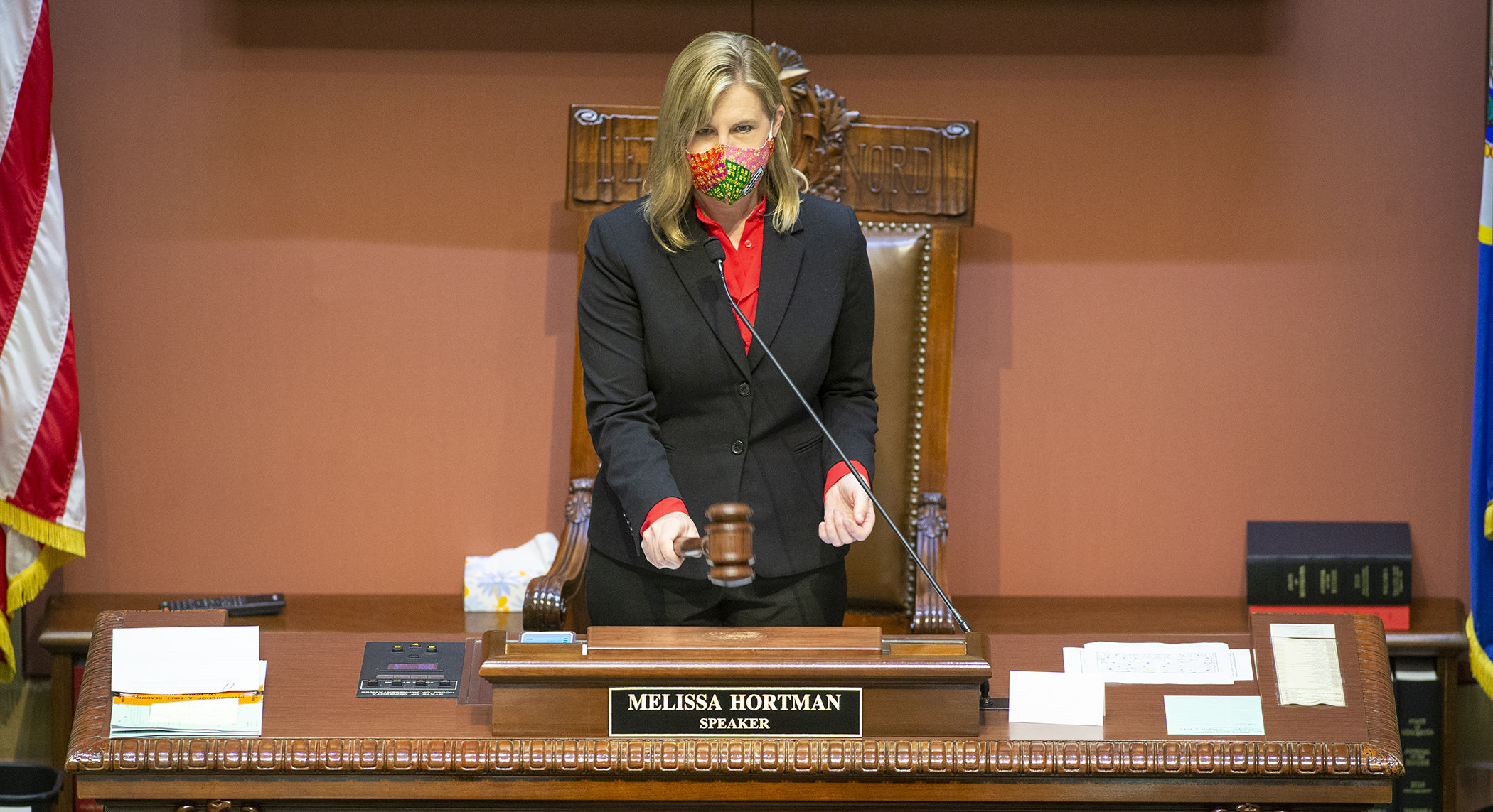 House Speaker Melissa Hortman gavels in the third special session of the summer Aug. 12. Photo by Paul Battaglia
