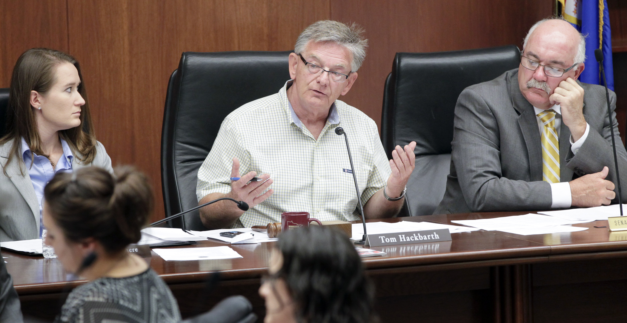 Rep. Tom Hackbarth, center, co-chair of the Legislative Working Group on Mille Lacs Lake, comments during the panel's third meeting Aug. 13. Photo by Paul Battaglia.