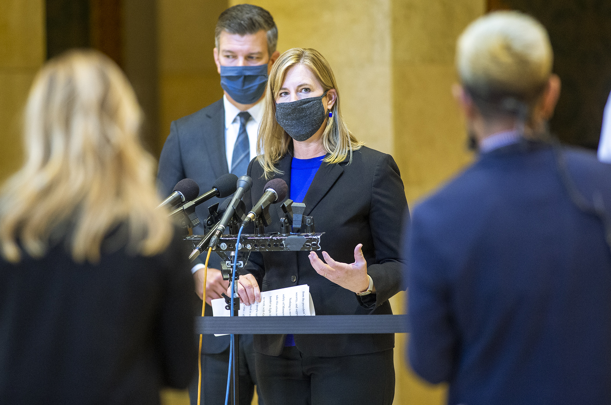 House Speaker Melissa Hortman answers a question during a media availability before the start of the fourth special session of the summer Sept 11. Photo by Paul Battaglia