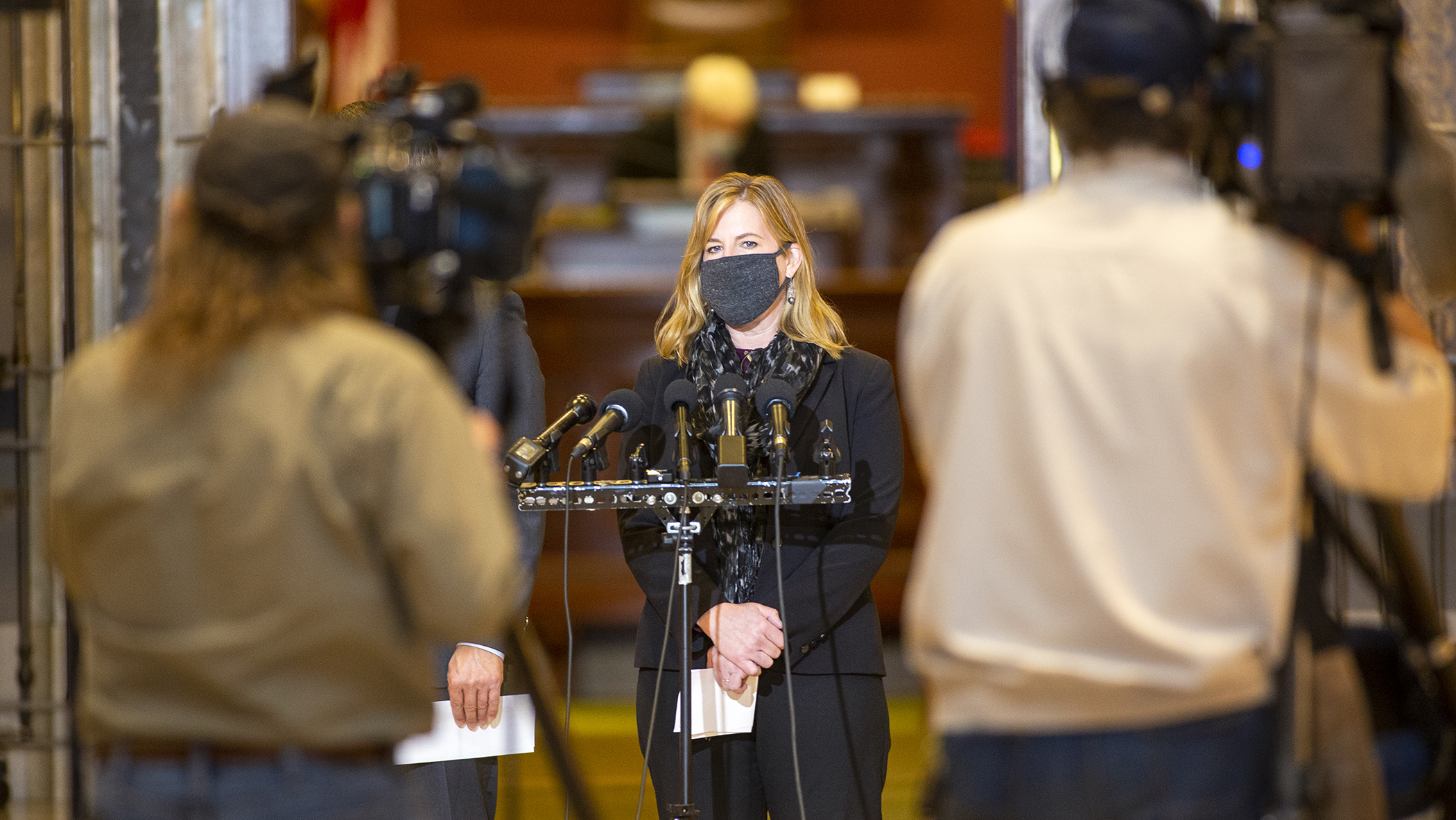 House Speaker Melissa Hortman addresses the media Oct. 14 before the House was to take up a capital investment and supplemental budget bill during the year's fifth special session. Photo by Paul Battaglia