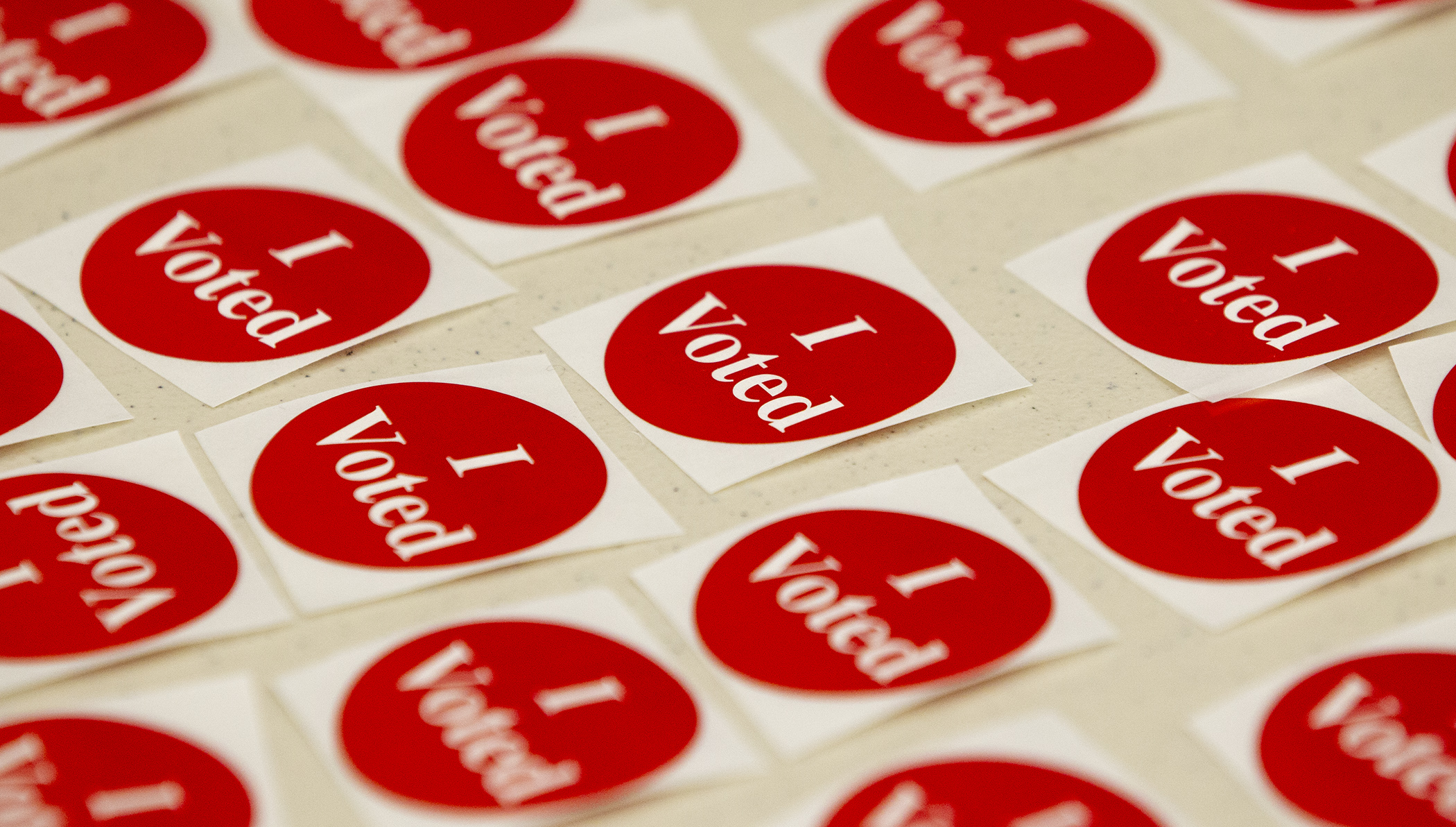 'I Voted' stickers are neatly arranged at Oak View Elementary School in Maple Grove for voters to take after casting their ballot Nov. 3. Photo by Paul Battaglia