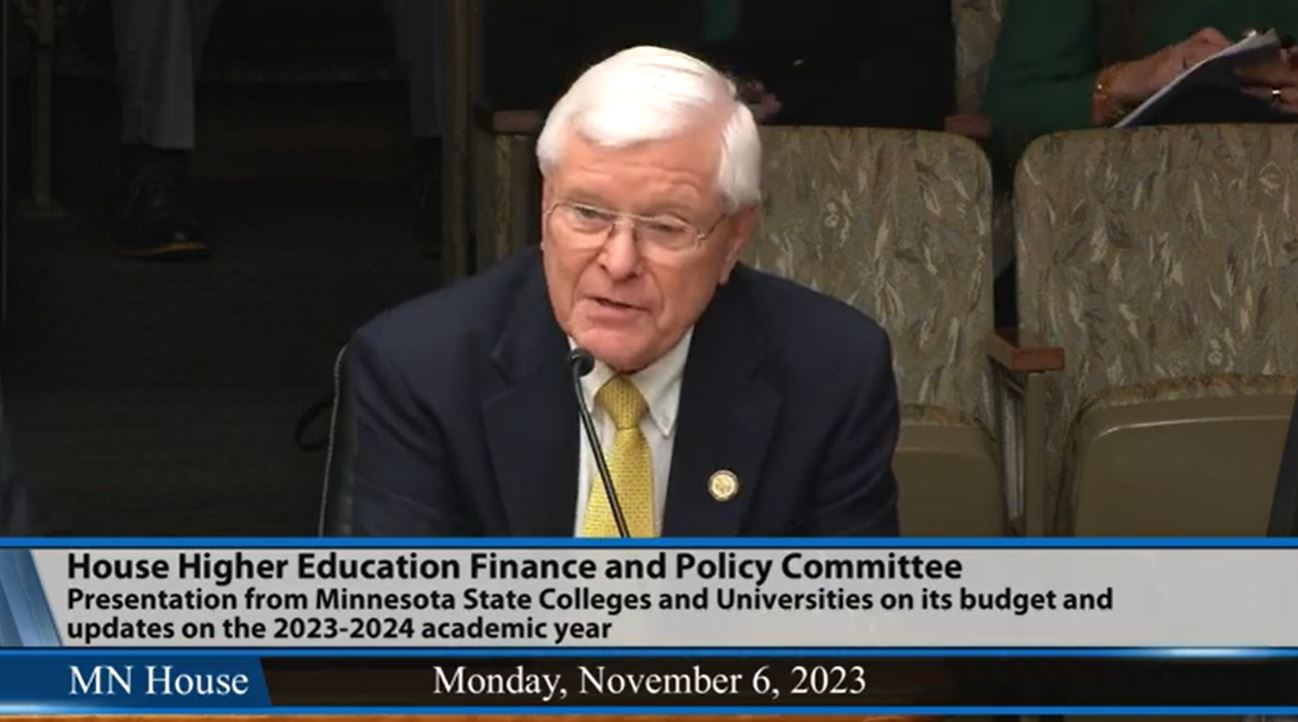 Roger Moe, chair of the Minnesota State Board of Trustees, addresses House lawmakers during a hearing Nov. 6. (Screenshot via House Public Information Services)