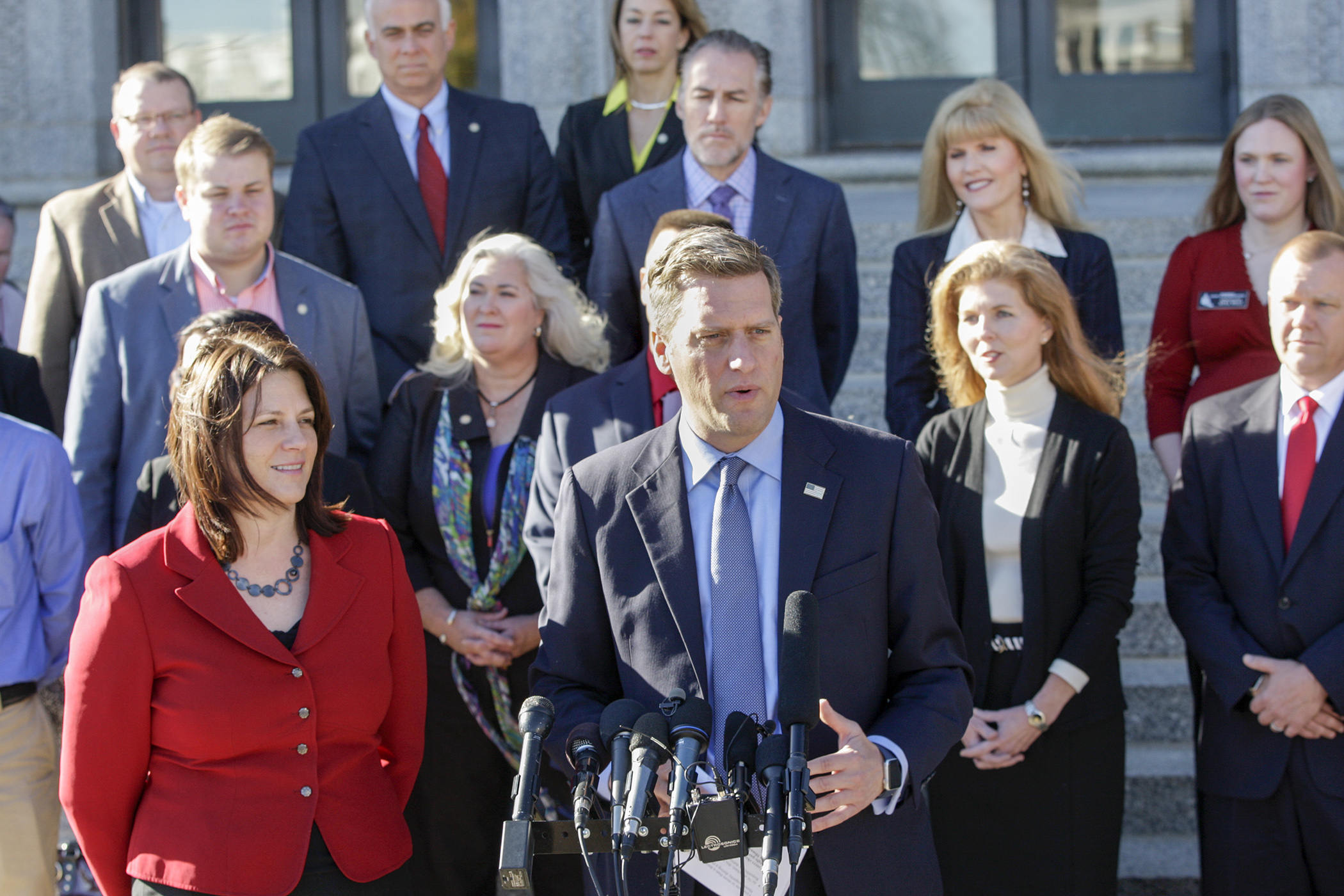House Speaker Kurt Daudt addresses the media on the steps of the State Office Building Nov. 9. Republicans retained control of the House on Election Night. Photo by Paul Battaglia