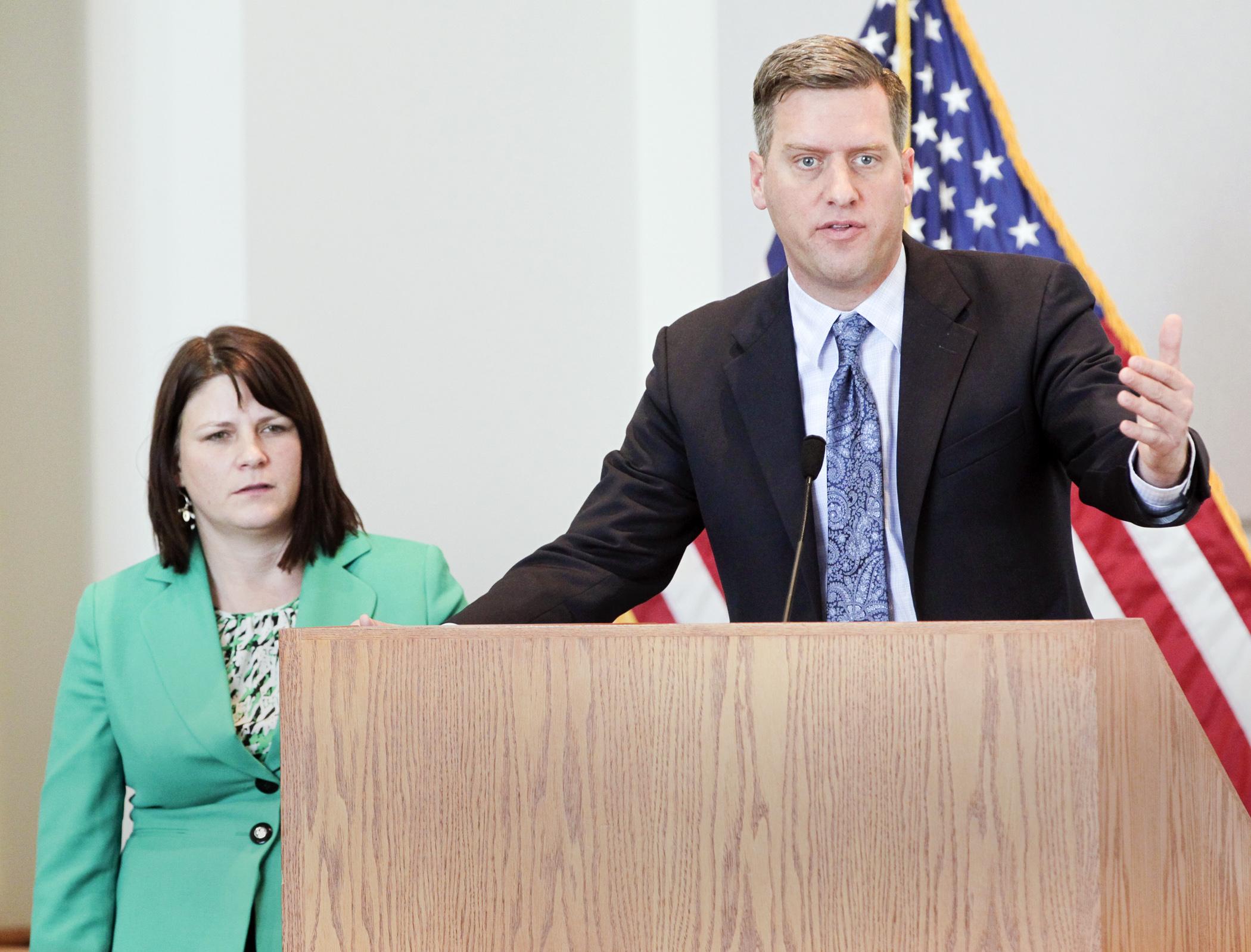 House Speaker Kurt Daudt comments after the November Budget and Economic Forecast was released Dec. as House Majority Leader Joyce Peppin looks on. The forecast projects a $1.87 billion surplus. Photo by Paul Battaglia
