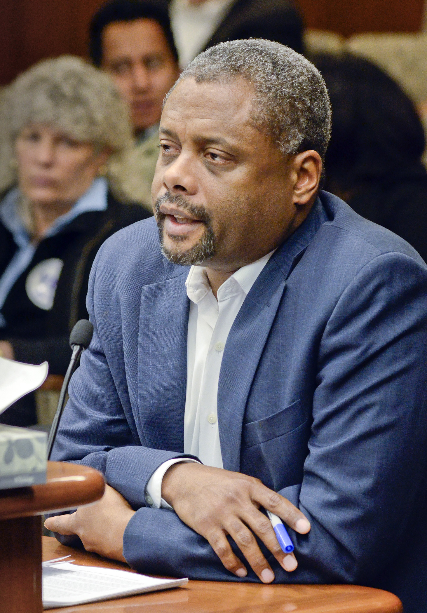 Human Rights Commissioner Kevin Lindsey testifies before the House Housing Finance and Policy Committee Dec. 5 during an informational discussion about the issue of landlords refusing to renew housing leases for individuals who do not have legal immigration status. Photo by Andrew VonBank