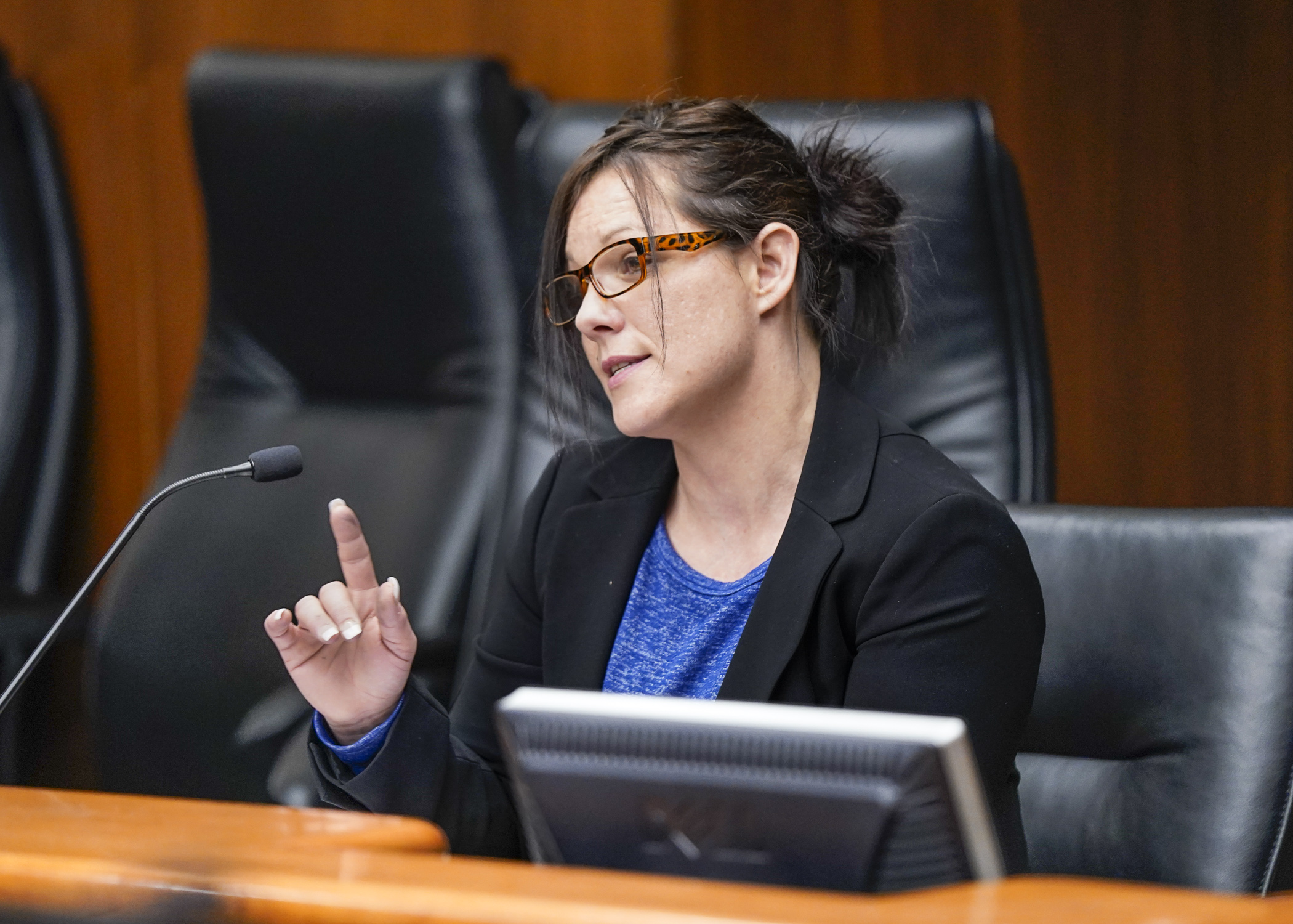 Jennifer Schroeder, on probation until 2053, testifies before the House Public Safety Finance and Policy Committee Feb. 28 in support of HF1607. (Photo by Catherine Davis)

