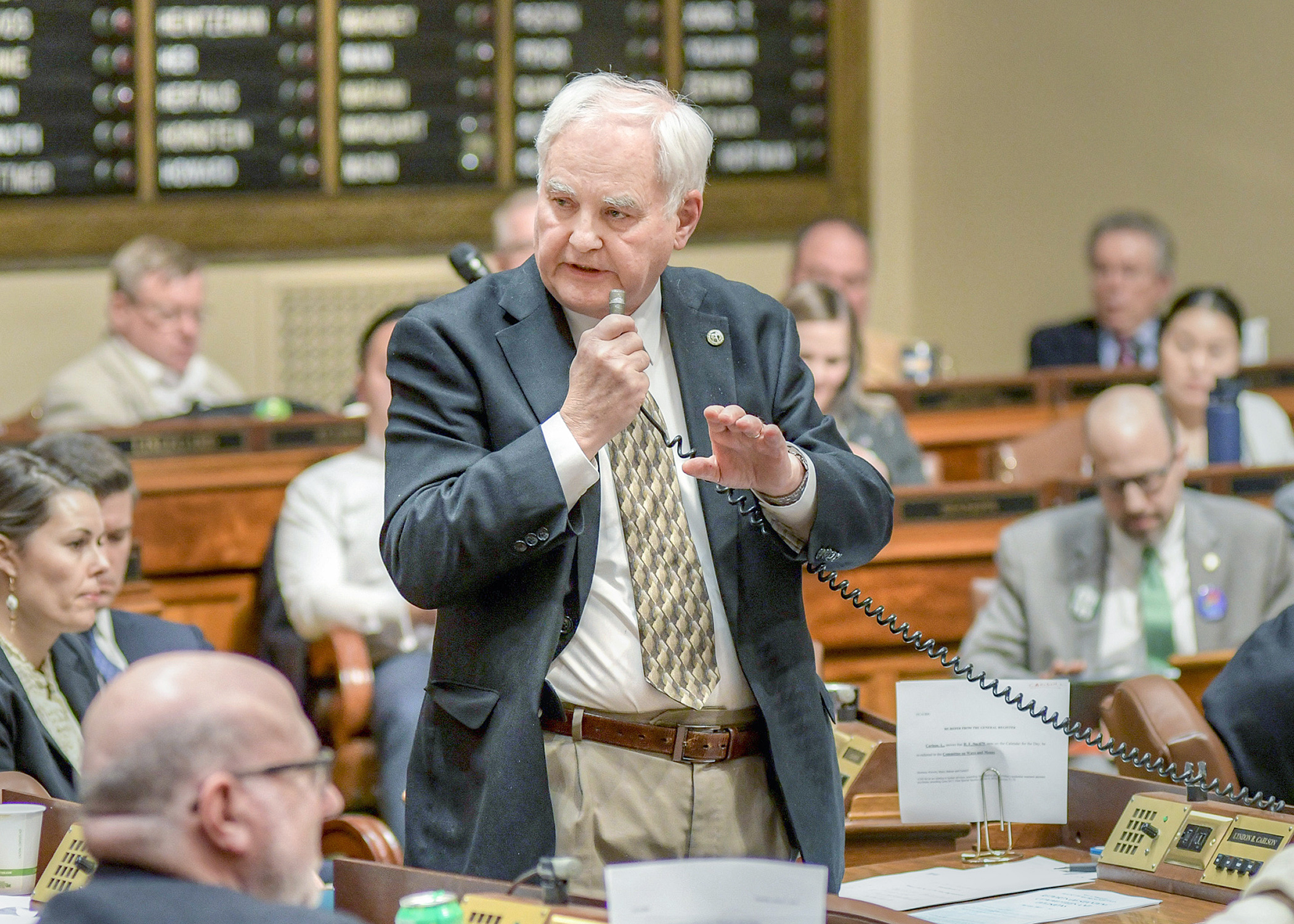Rep. Lyndon Carlson, Sr., pictured speaking on the House Floor in 2019, is the longest-serving legislator in state history. Carlson announced Wednesday he will not seek re-election in 2020. Photo by Andrew VonBank