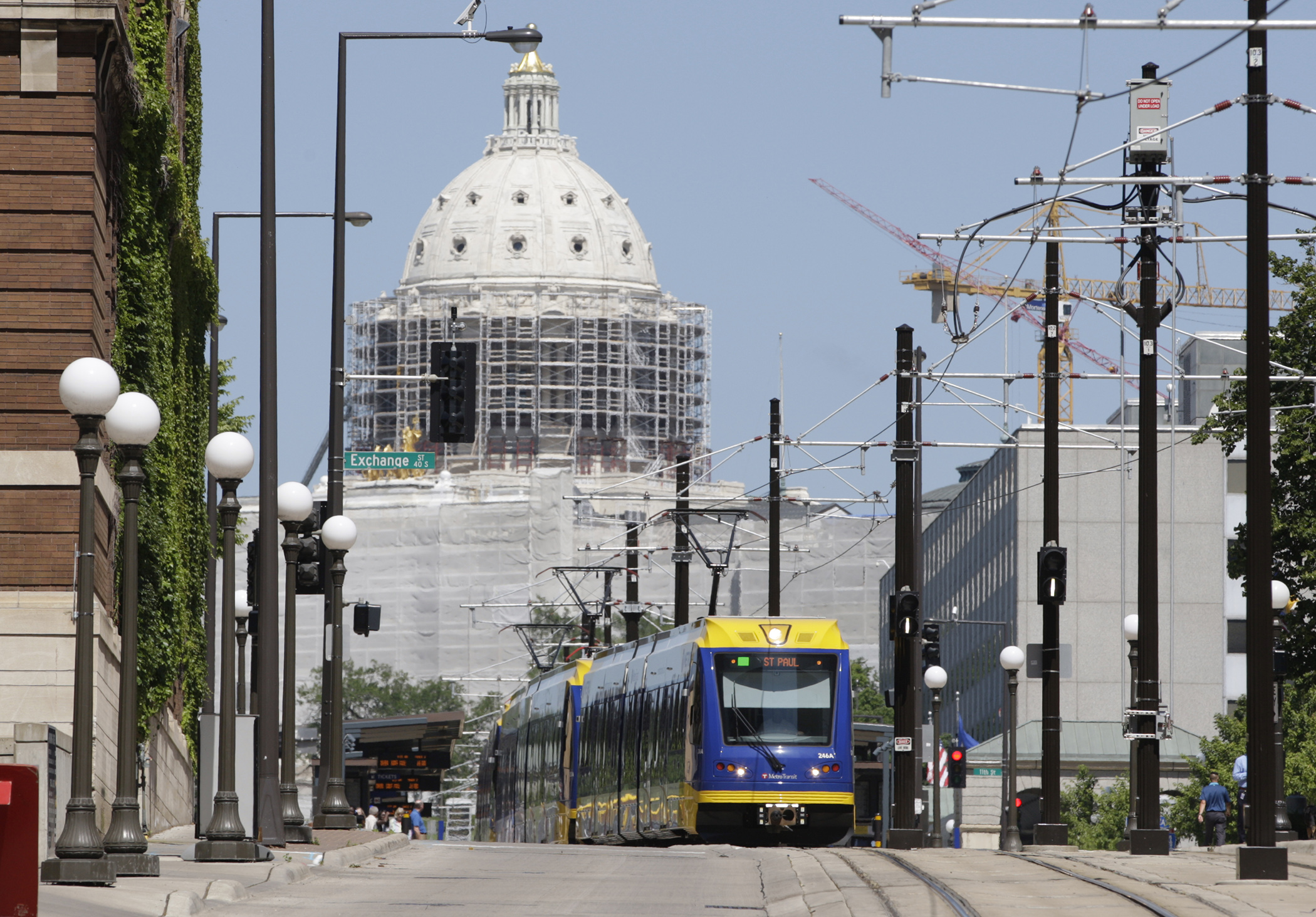 A Metro Transit Green Line train in downtown St. Paul. House lawmakers on Thursday passed a bill requiring an audit of the Southwest Light Rail Green Line extension project beset by delays and cost overruns. (House Photography file photo)