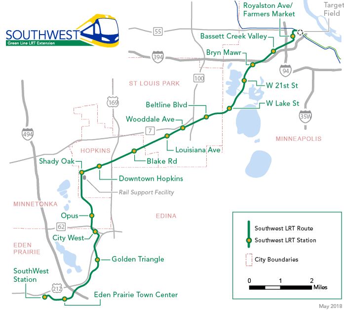 The future route of the Southwest Light Rail Transit line, currently under construction. The now-$2 billion project has experienced cost overruns and construction delays. (Metropolitan Council)
