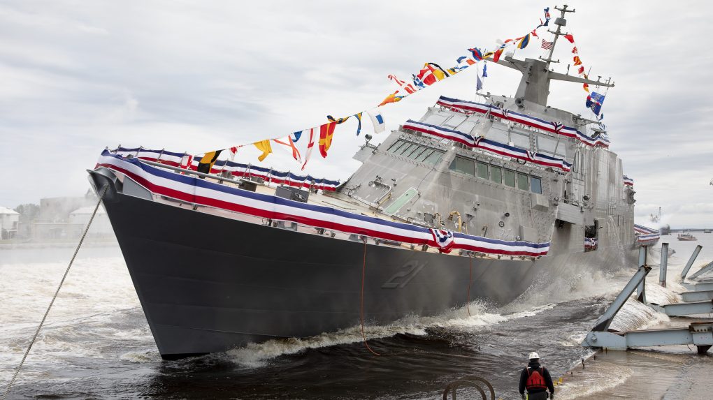 The USS Minneapolis-Saint Paul, shown being launched in 2019, is set to be officially commissioned later this year. HF3315 would commit $200,000 for support of the ceremony. (Image courtesy Lockheed Martin Corporation)
