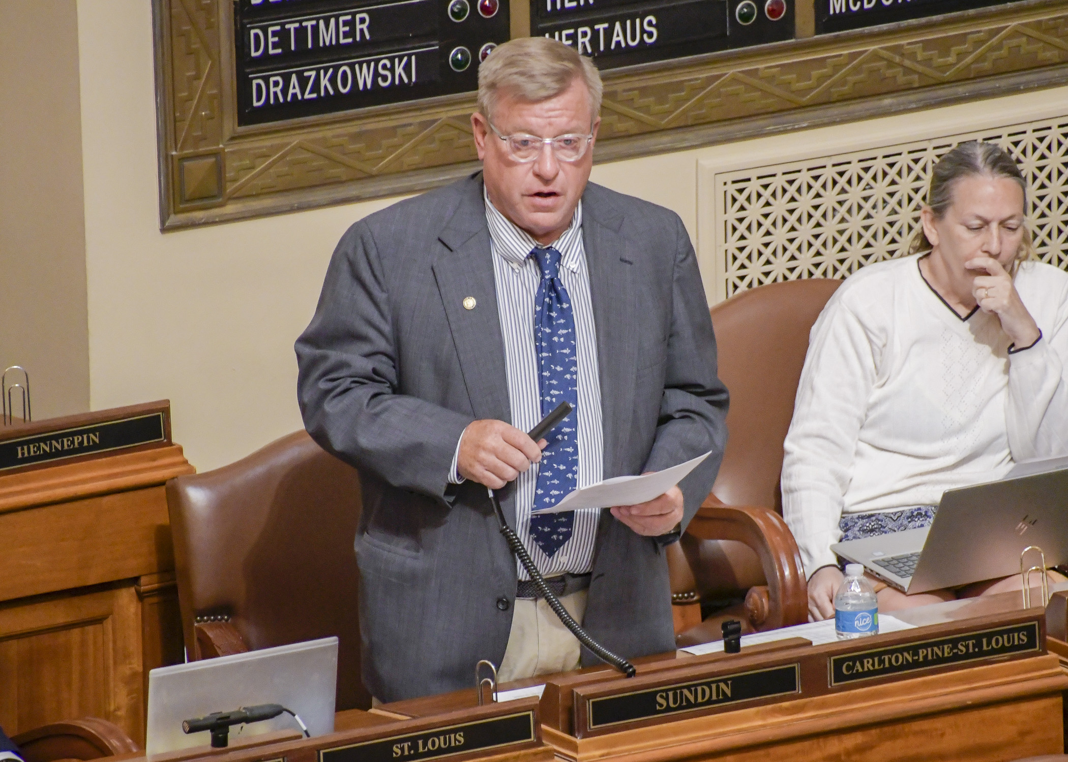 Rep Mike Sundin (DFL-Esko) speaks on the House Floor during a June 2021 special session. Sundin announced March 4 he will not seek re-election in 2022. (Photo by Andrew VonBank)