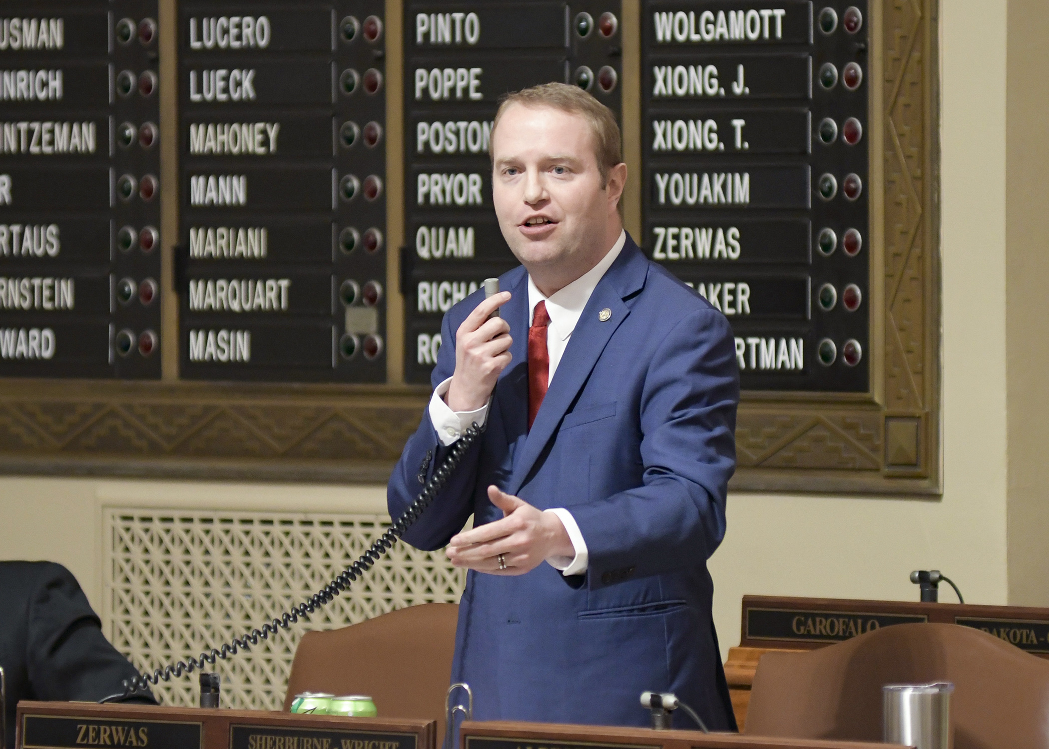 Rep. Nick Zerwas, shown here speaking on the House Floor in 2019, announced Monday he will resign his House seat in December following a recent heart surgery. Photo by Andrew VonBank