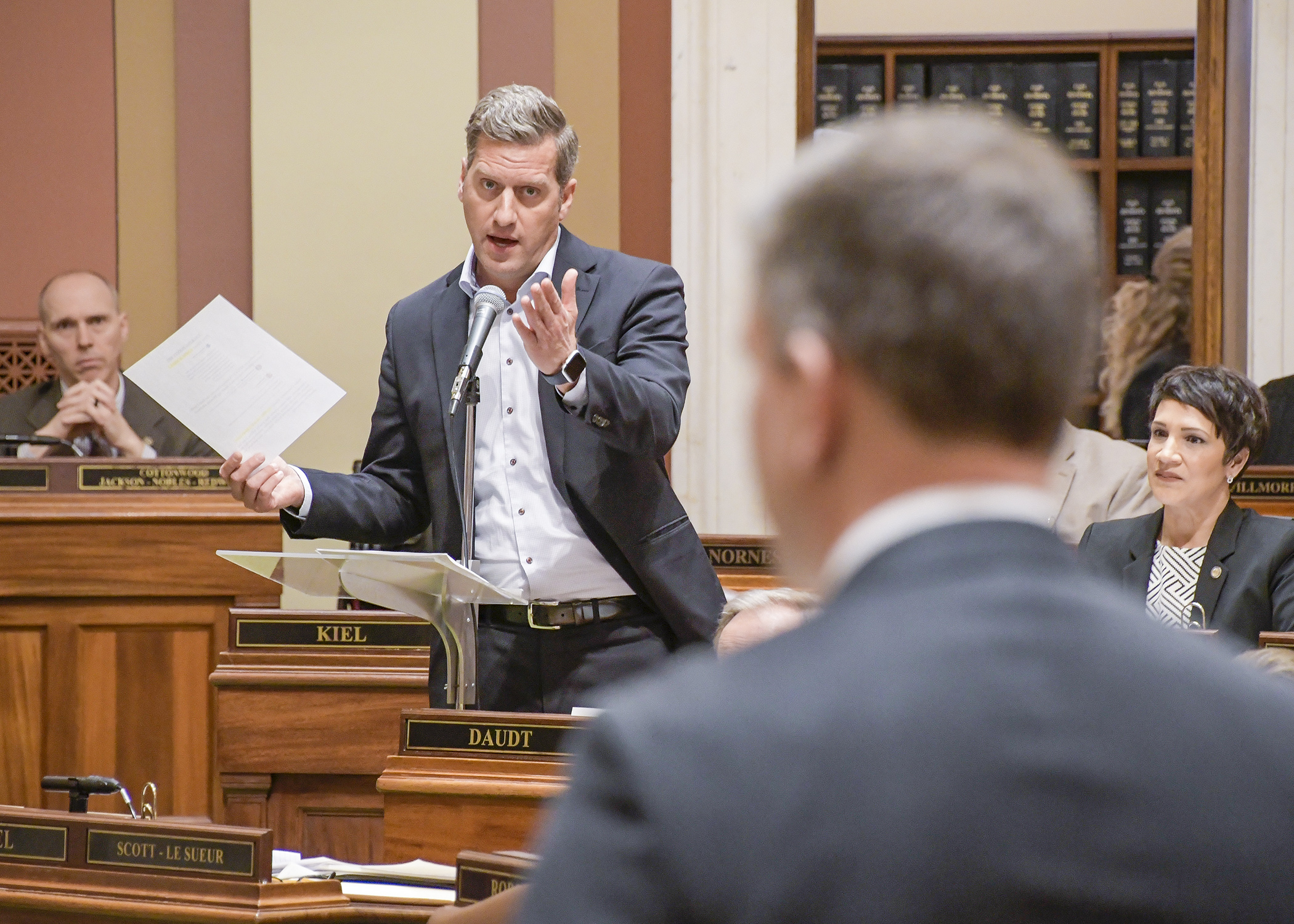 House Minority Leader Kurt Daudt responds to House Majority Leader Ryan Winkler during debate on the House Floor Thursday. Photo by Andrew VonBank