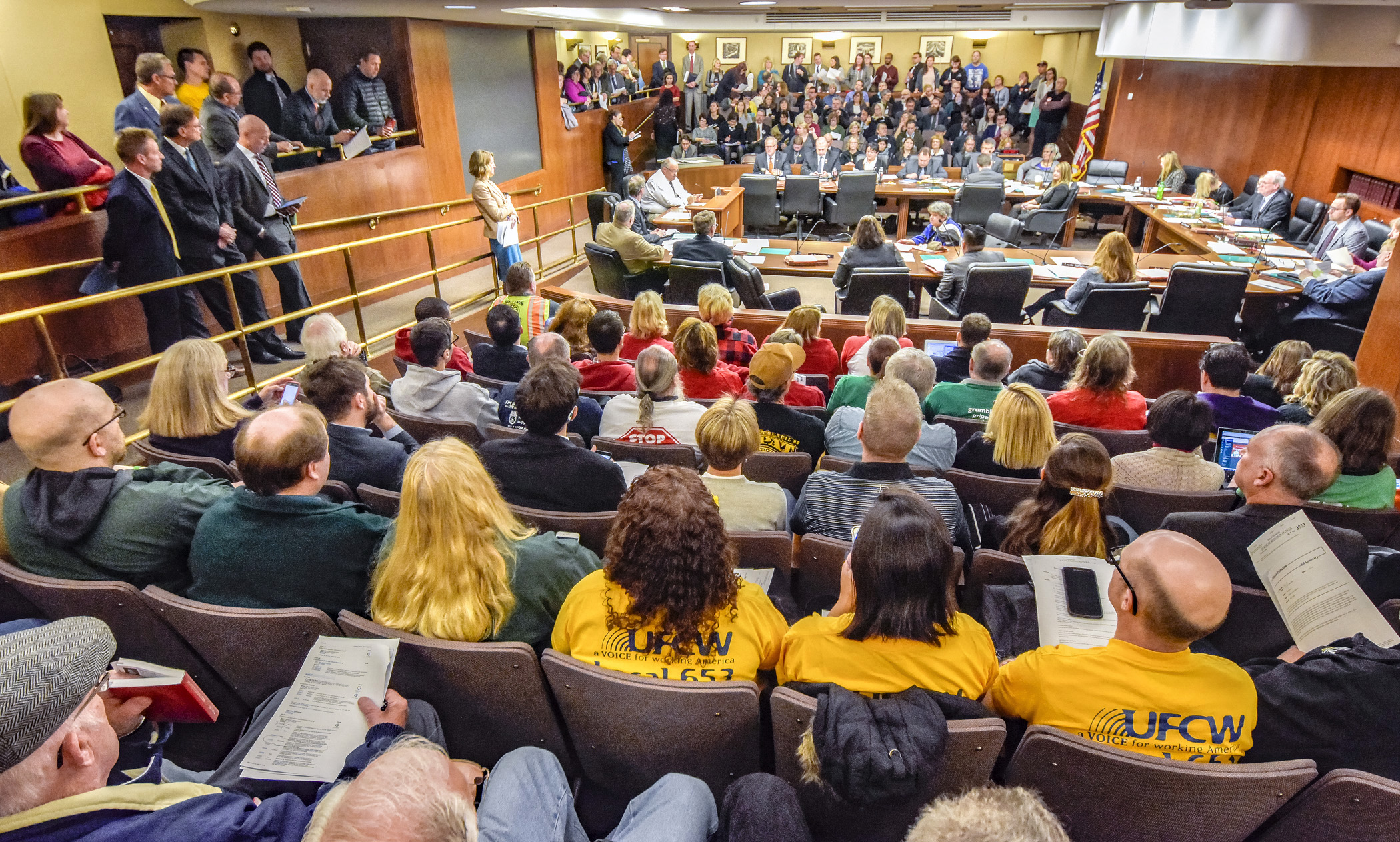 A House Government Operations and Elections Policy Committee hearing packed a committee room to capacity March 22 at the State Office Building. Photo by Andrew VonBank